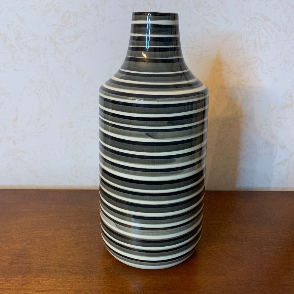 Home: Multi-Color Striped Olive Green, Cream, and Black Vase